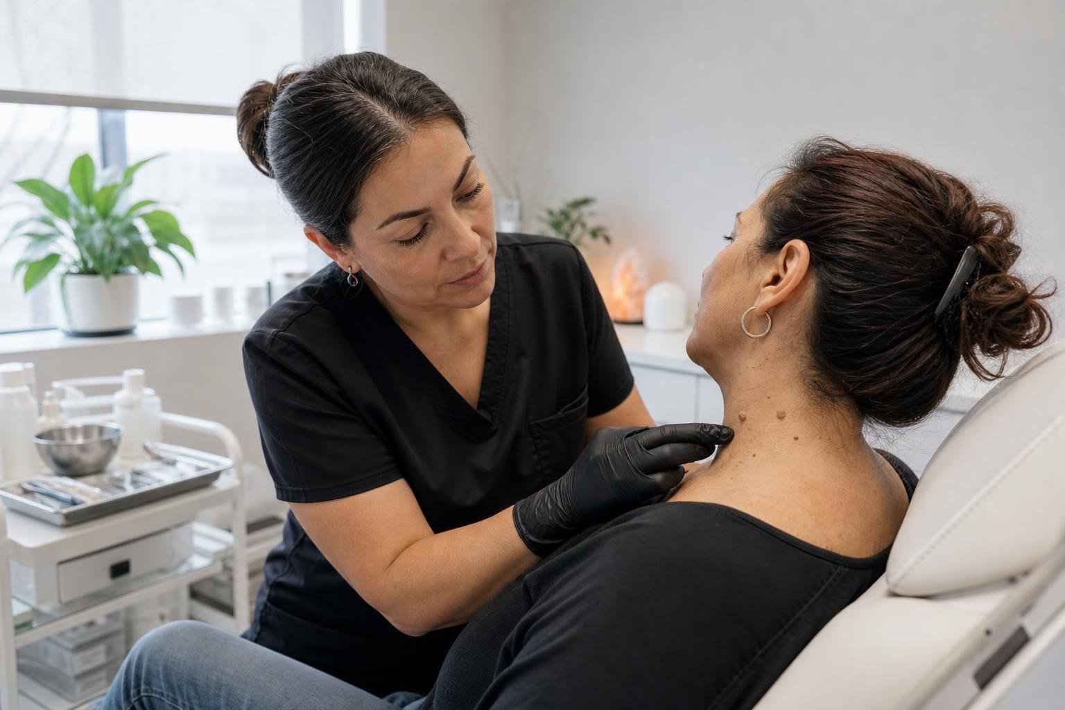 Clinic treatment room at Vicaria Health in Hamilton showing a practitioner preparing to examine a skin tag before same-day removal