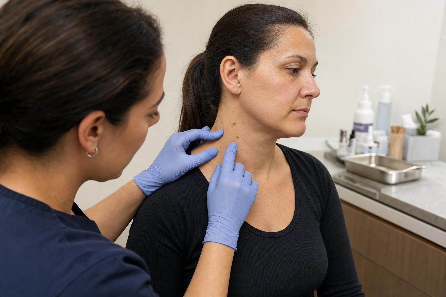 Practitioner counting several small skin tags on a client’s neck during an in-person consultation