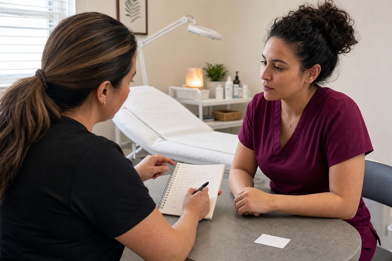 Client using a handwritten checklist while discussing lesion-removal pricing with a practitioner