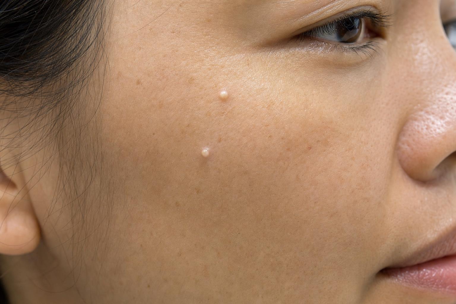 Close editorial view of an adult cheek showing two subtle types of small pale bumps under soft natural light, with healthy surrounding skin and no extraction tools