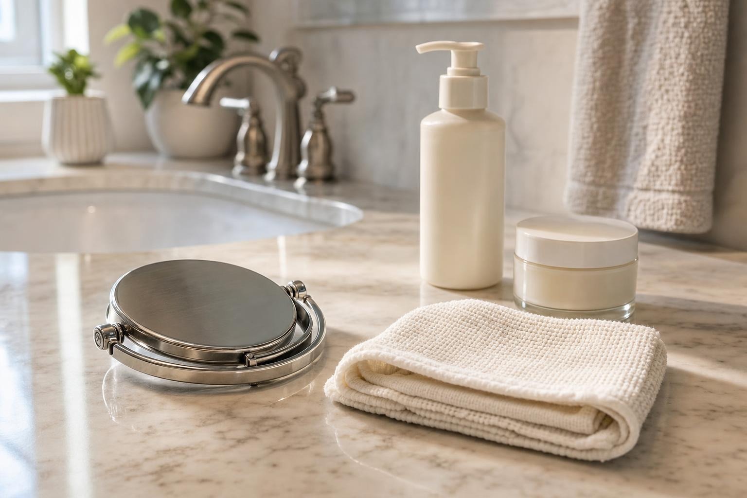 Clean bathroom counter with a magnifying mirror set aside and unopened gentle skincare products nearby