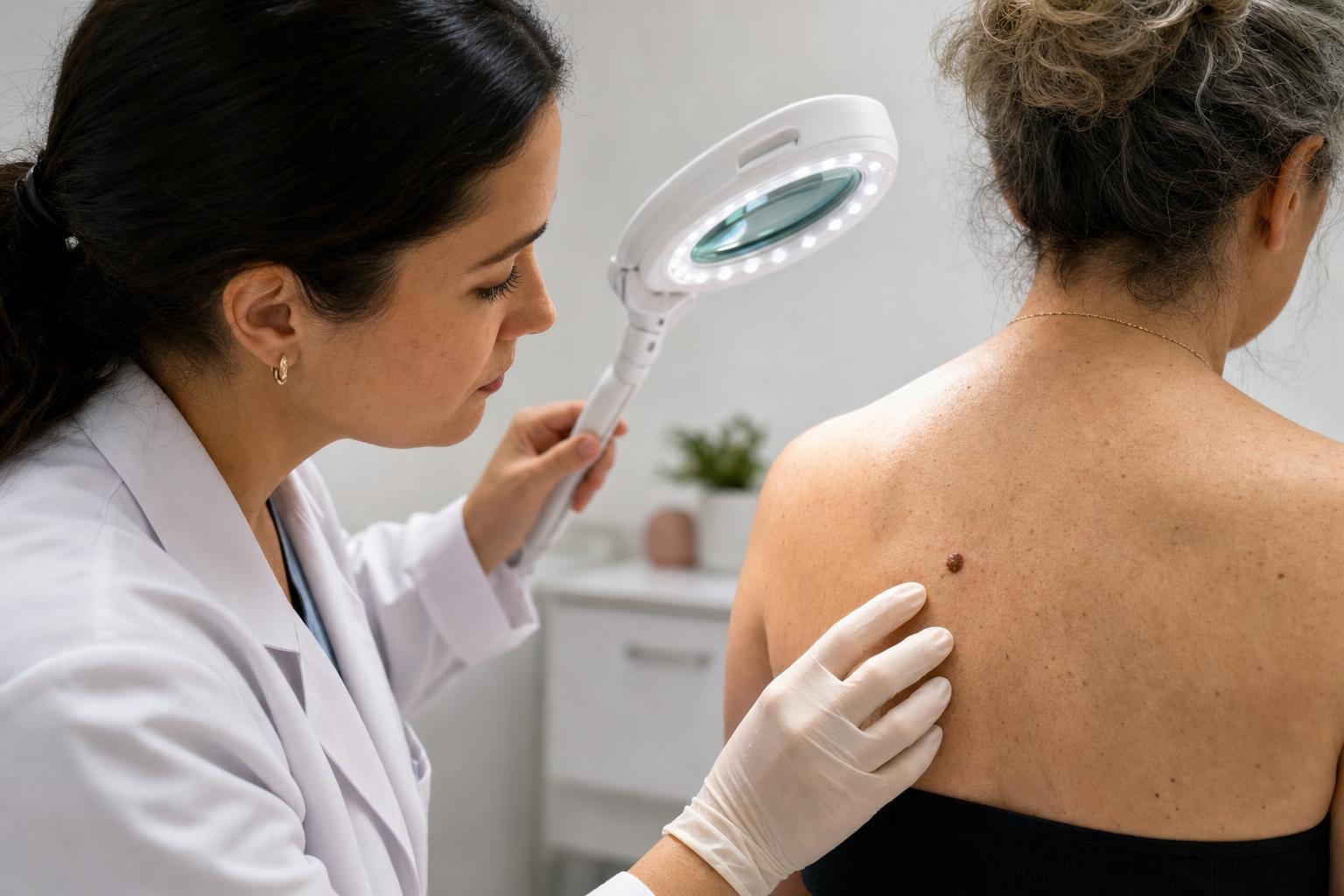 Healthcare professional carefully examining a raised brown spot on an adult patient’s upper back under a bright clinical examination light