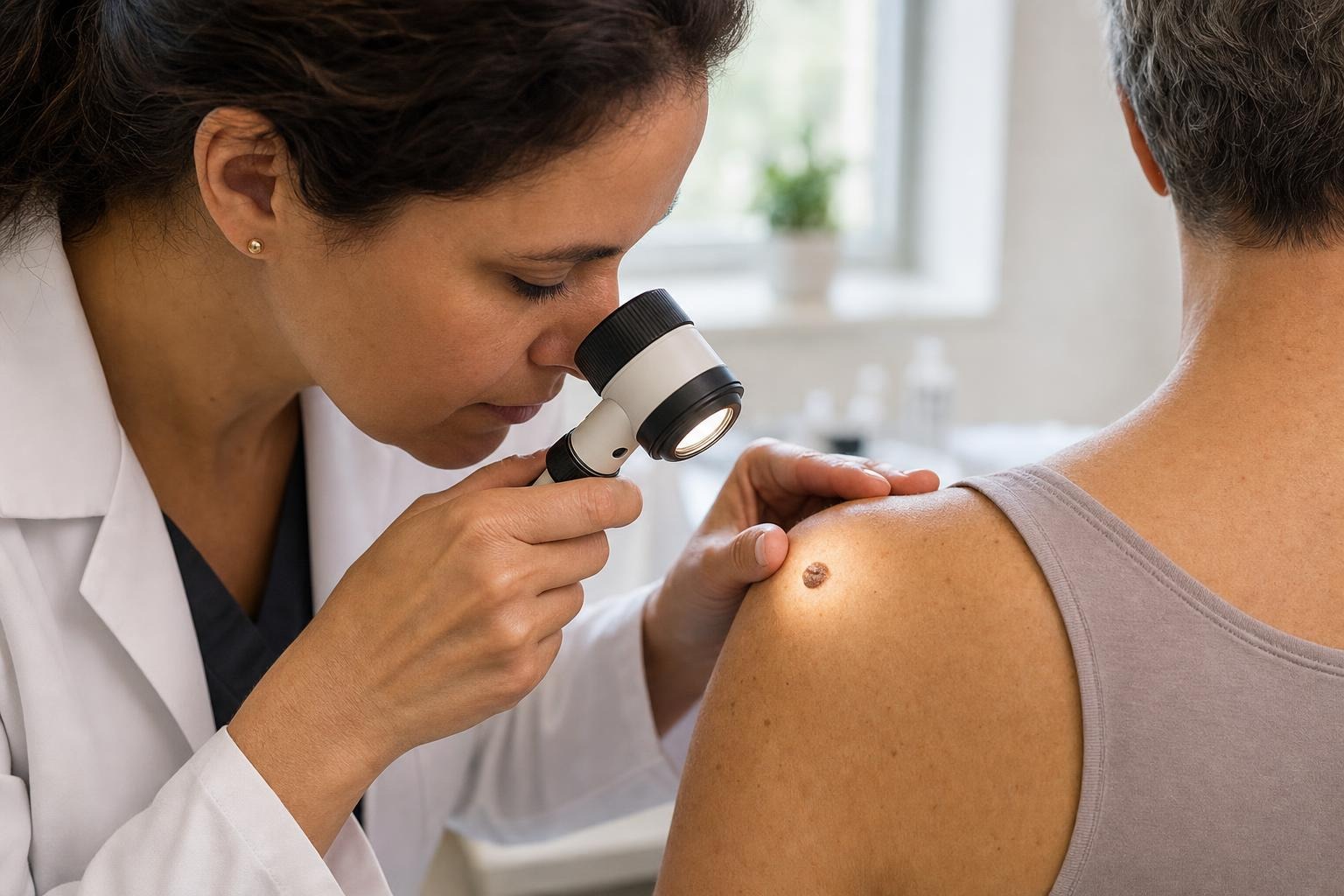 Clinician using a handheld magnifier to inspect the texture and border of a raised brown skin growth