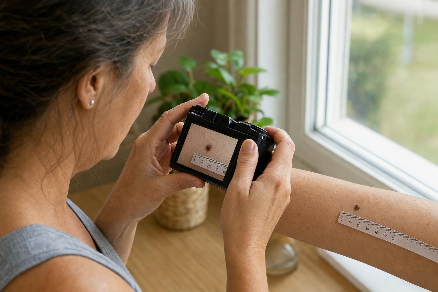 Adult photographing a small skin spot beside a millimetre ruler in even daylight