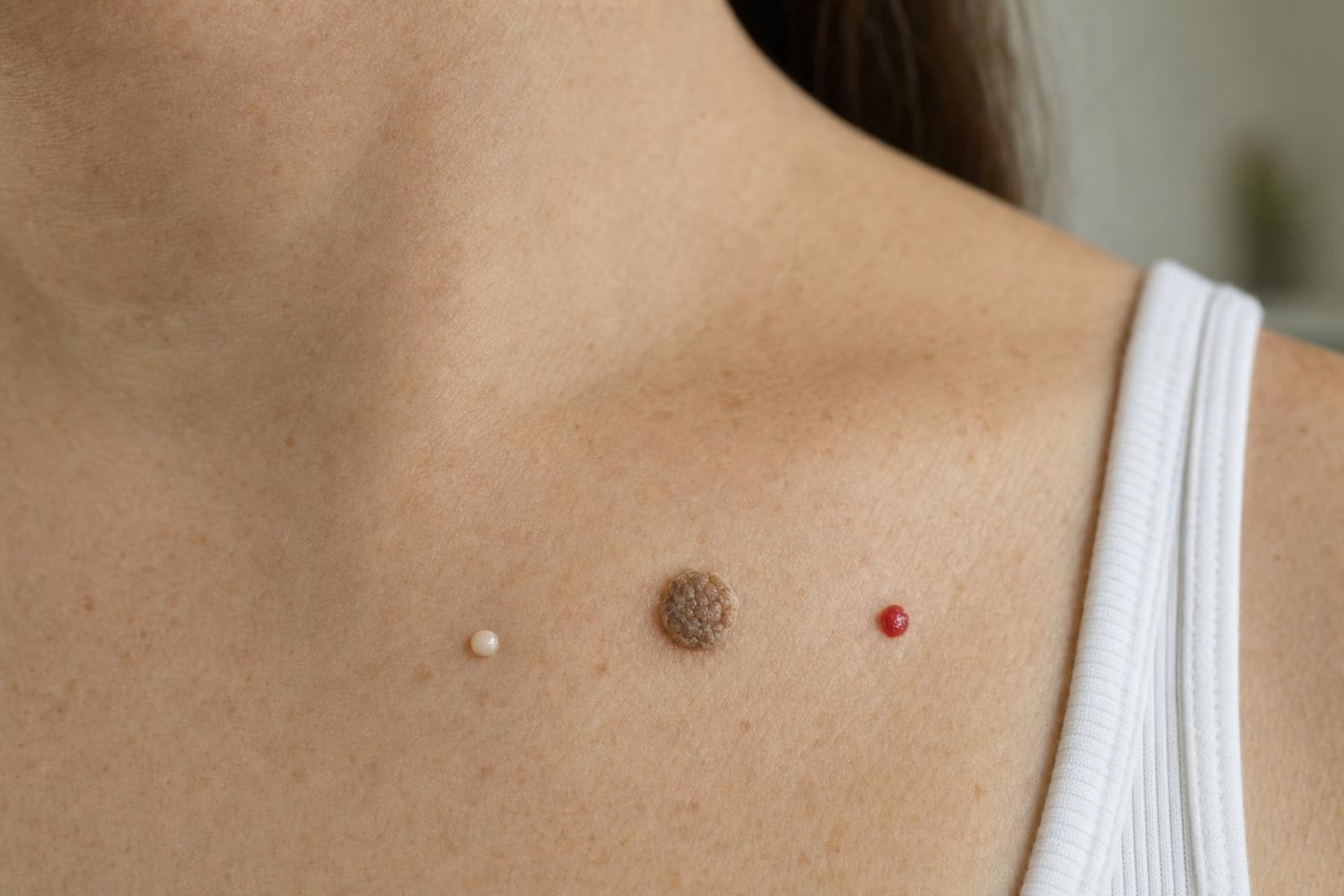 Close view of three common benign skin growth patterns shown on natural skin: a pearly white milium, a waxy brown raised lesion, and a small red vascular spot