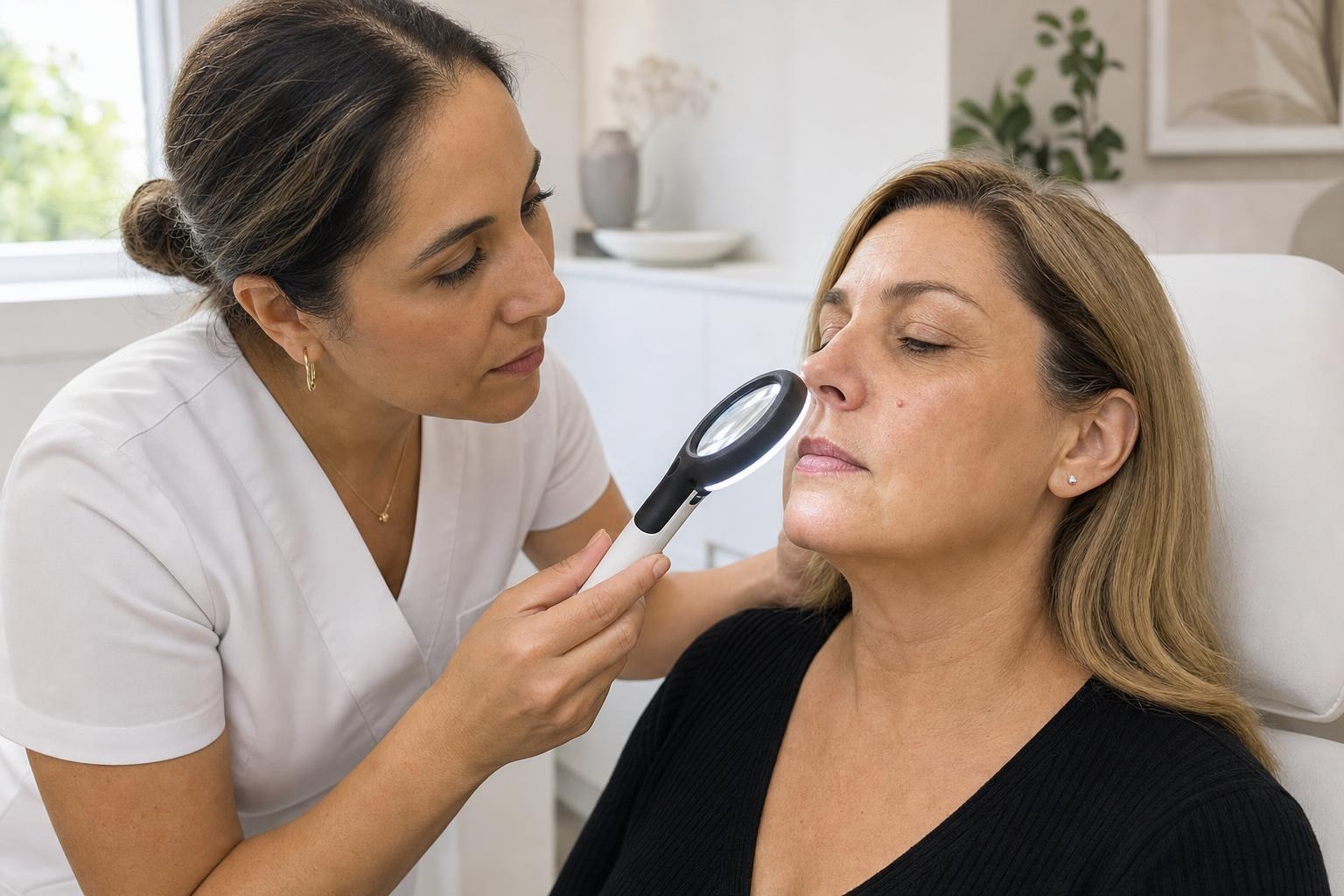 Clinician examining a small facial bump with a handheld magnifying light while the patient sits in a bright treatment room