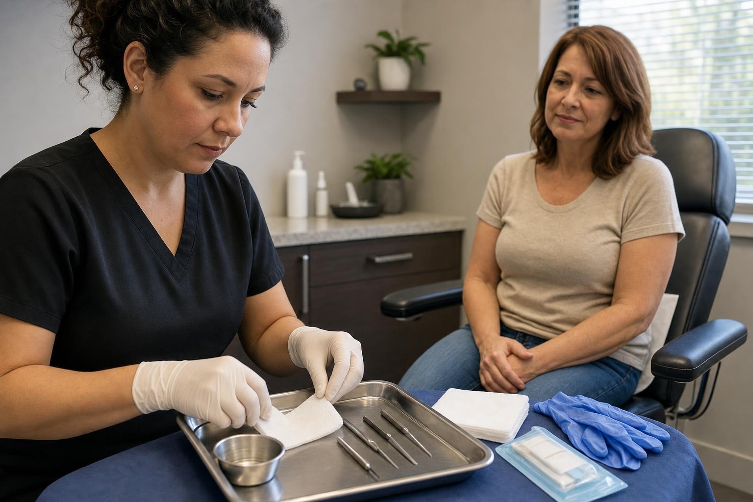 Practitioner preparing sterile gauze and simple skin-treatment instruments beside a seated patient before a lesion-removal appointment