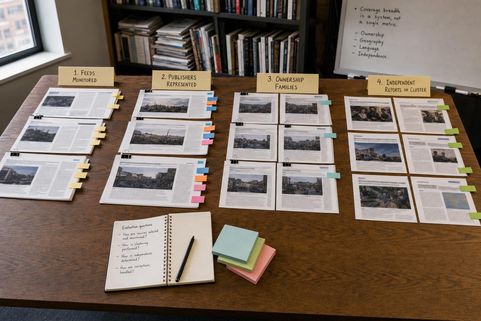 Article printouts grouped to distinguish feeds, publishers, ownership families, and independent reporting
