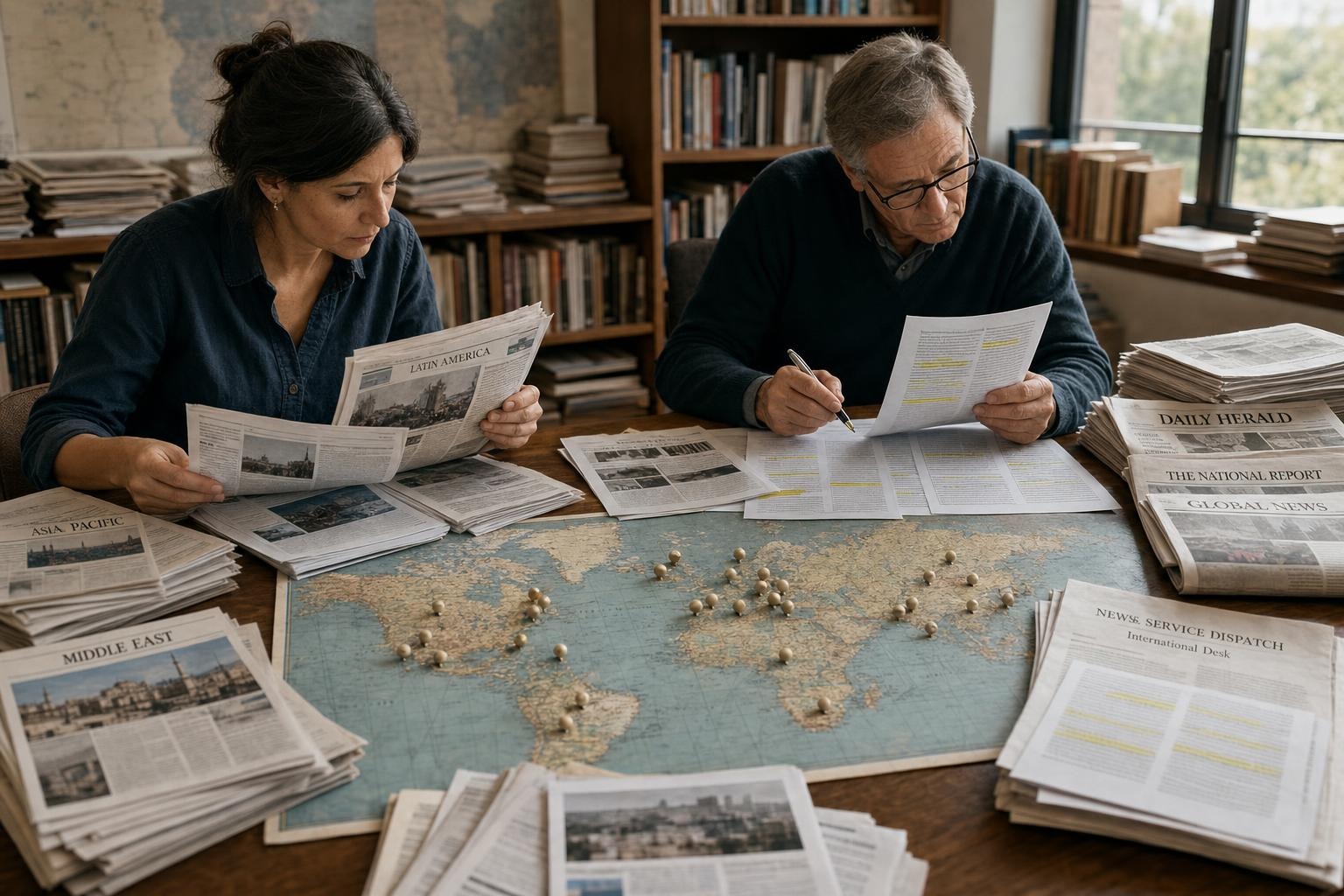Two editors testing regional coverage and syndicated reporting across a varied set of news sources