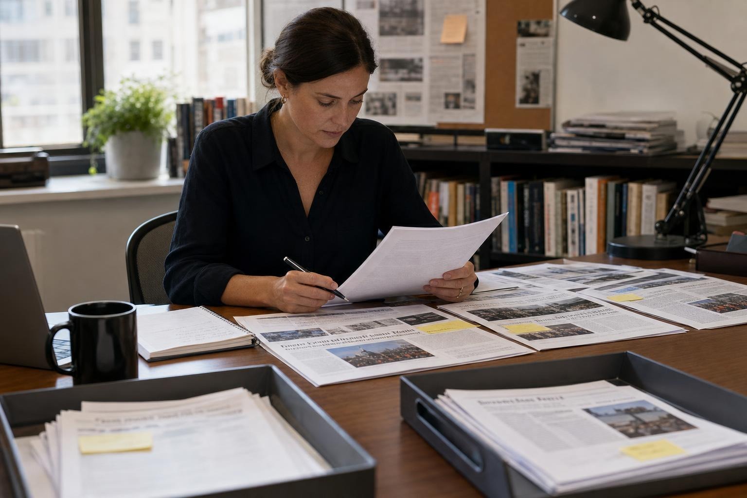 Editor comparing a briefing item with independent source reports before publication