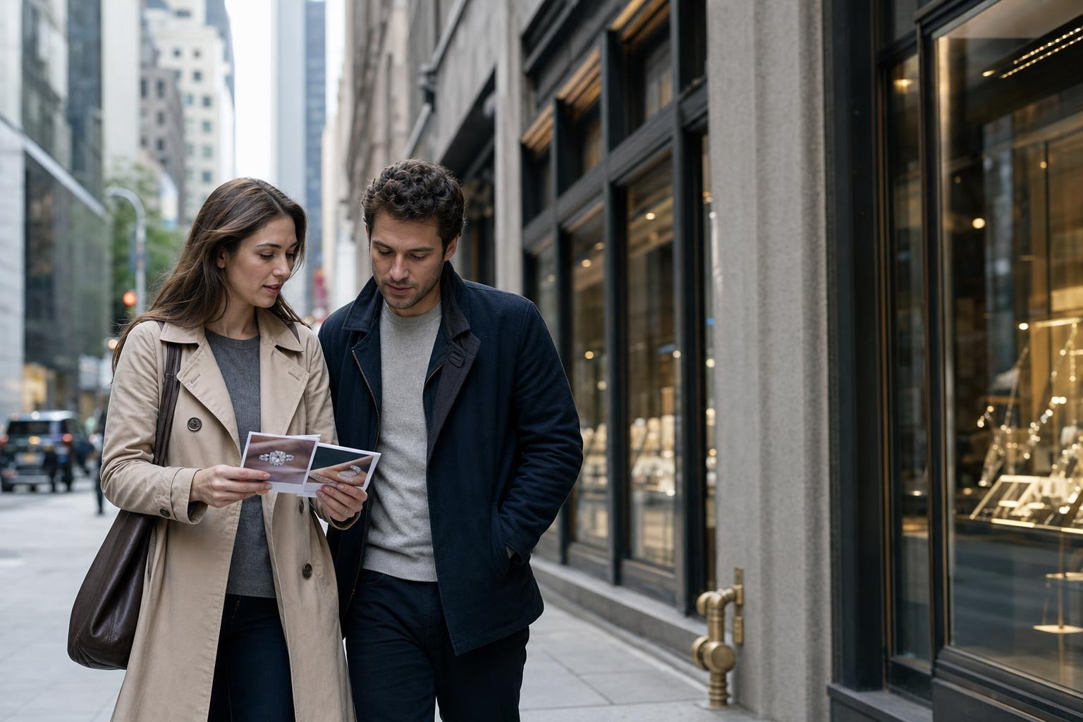 Couple walking through New York’s Diamond District before a jewelry design appointment