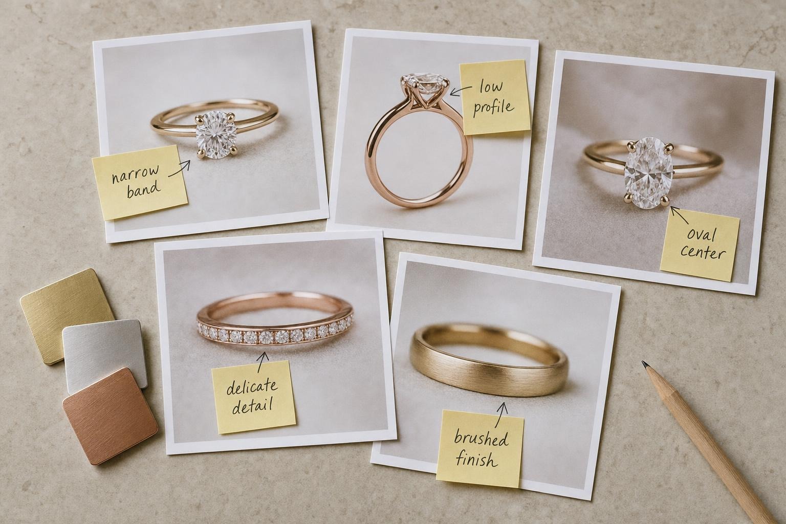 Five annotated jewelry reference images arranged with yellow, white, and rose metal samples