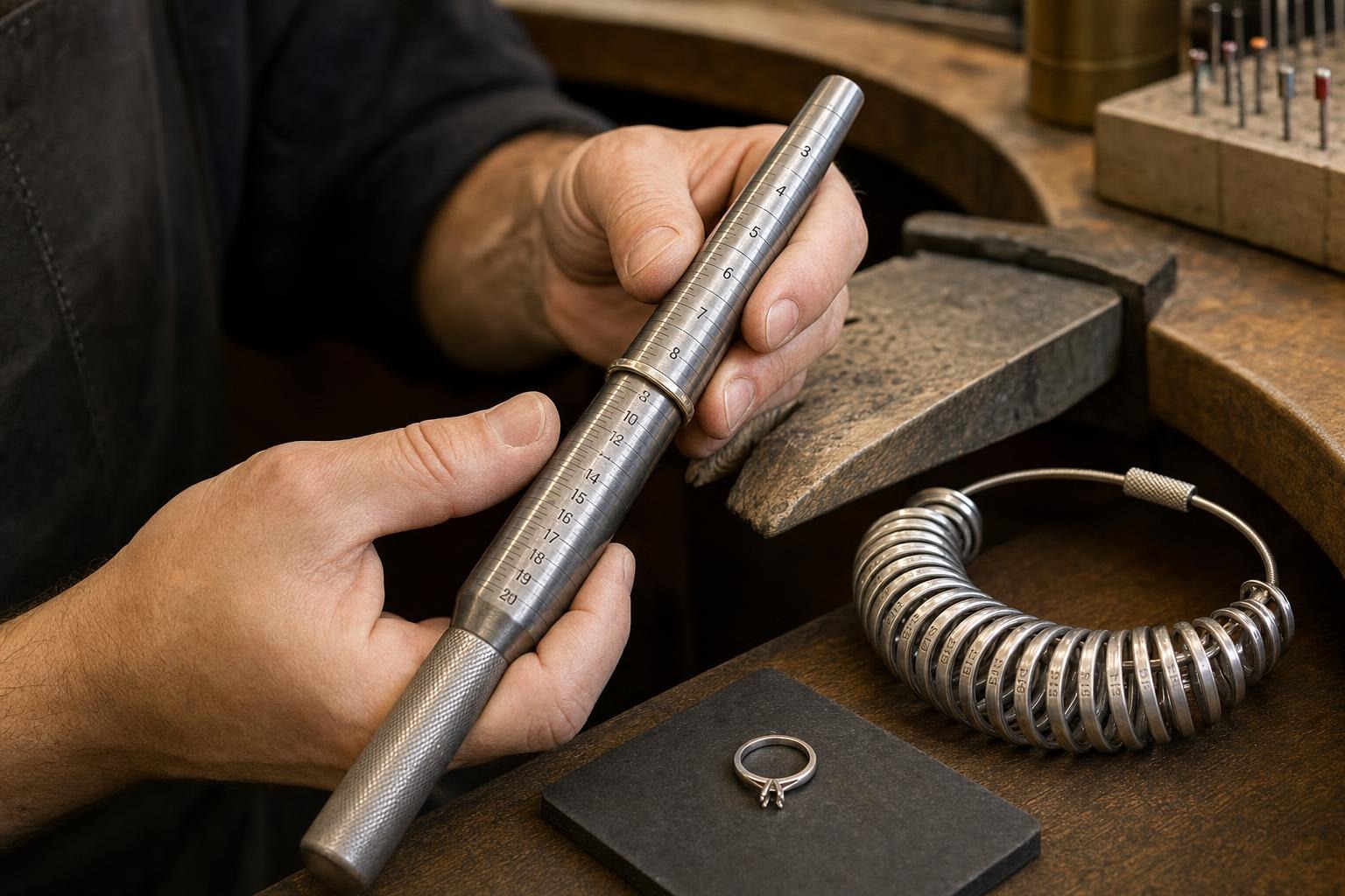 Jeweler checks a sample ring on a sizing mandrel beside a set of metal ring gauges