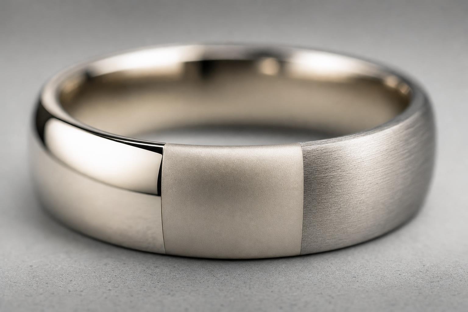 Macro view of polished, matte, and brushed finishes on a metal ring