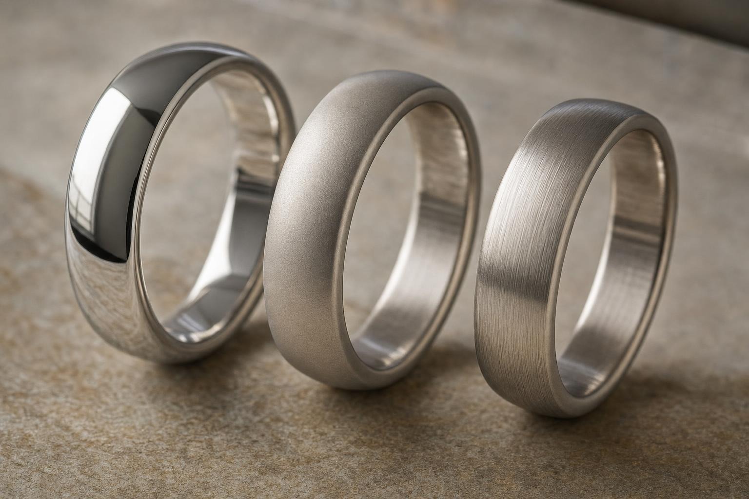 Three matching metal bands with high-polish, matte, and brushed finishes
