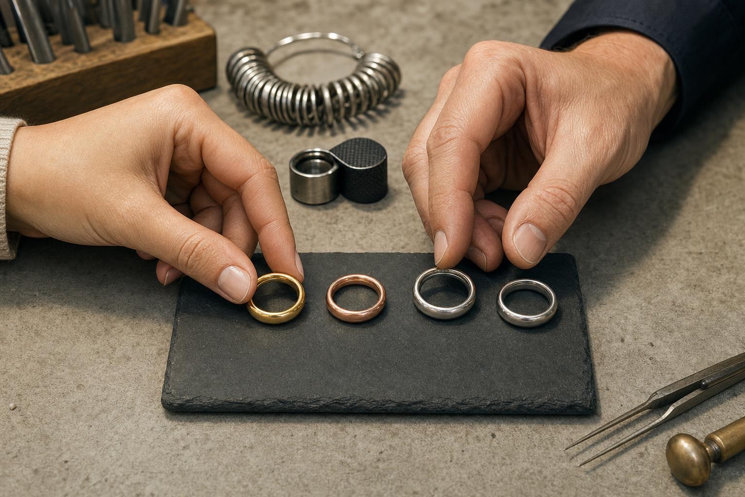 Hands comparing yellow gold, rose gold, white gold, and platinum jewelry samples