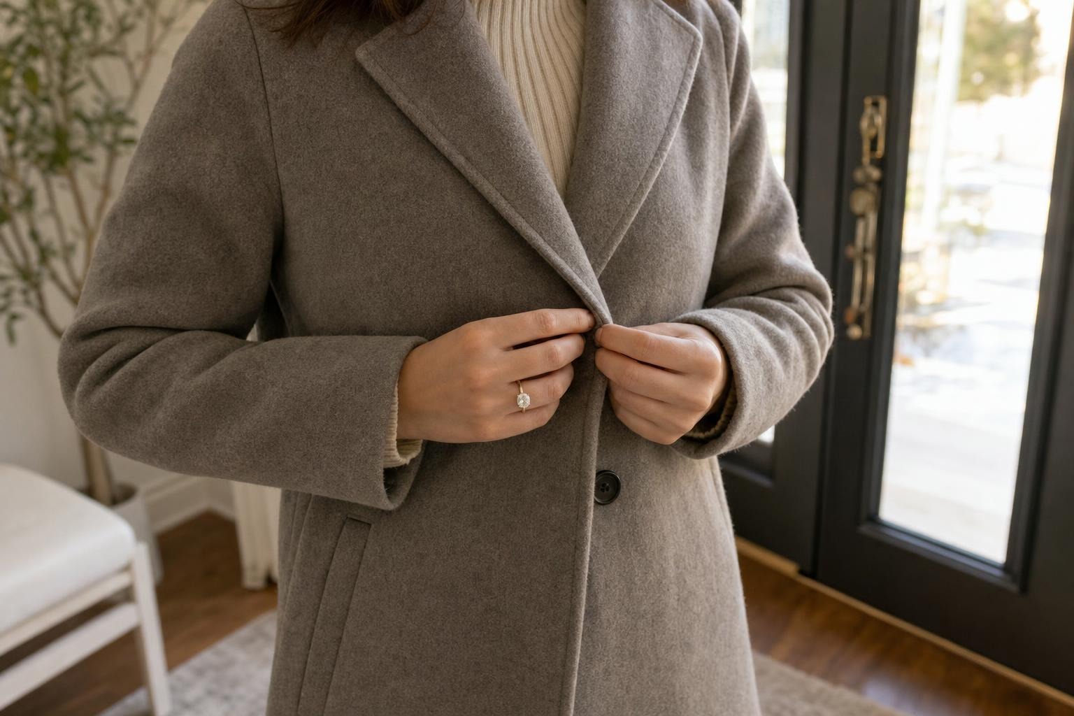 Person fastening a coat while wearing a low-profile oval engagement ring