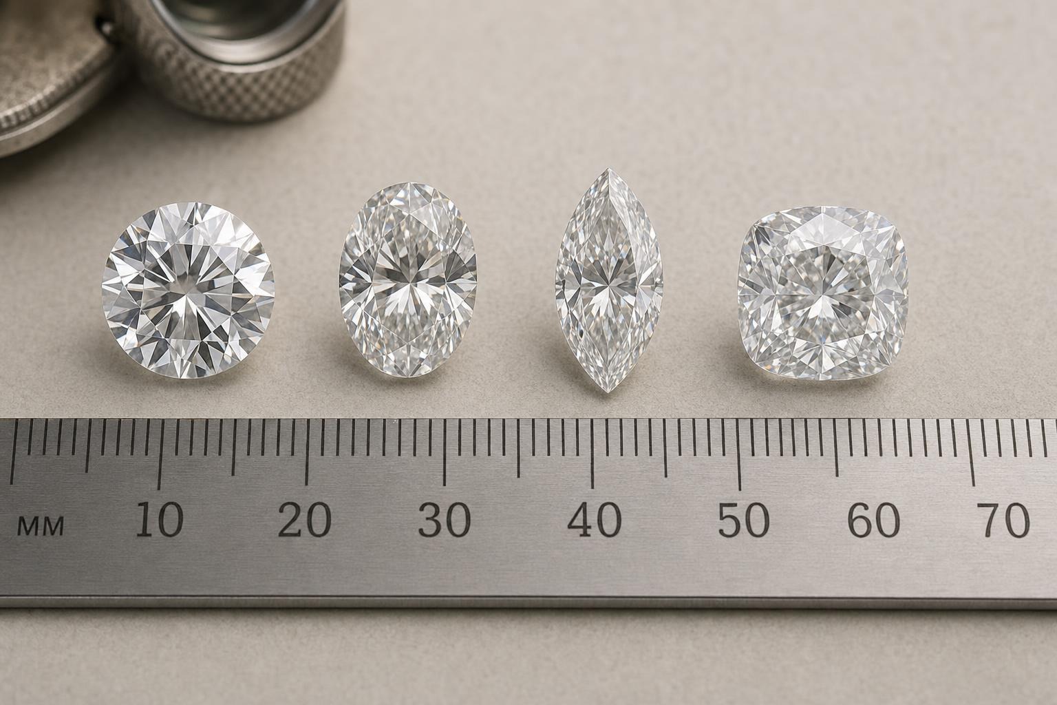 Round, oval, marquise, and cushion diamonds compared by visible dimensions beside a millimeter gauge