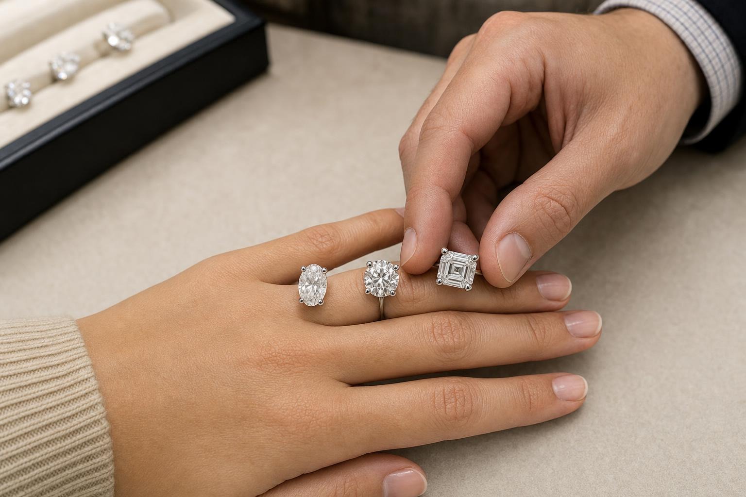Oval, round, and Asscher engagement-ring shapes compared across a wearer’s hand
