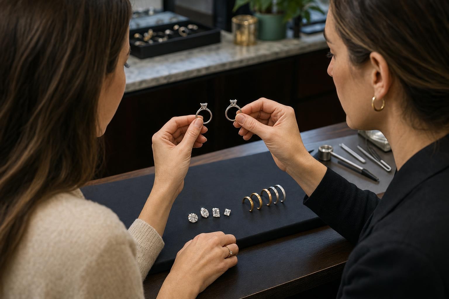 Buyer and jewelry designer comparing two custom ring setting proportions