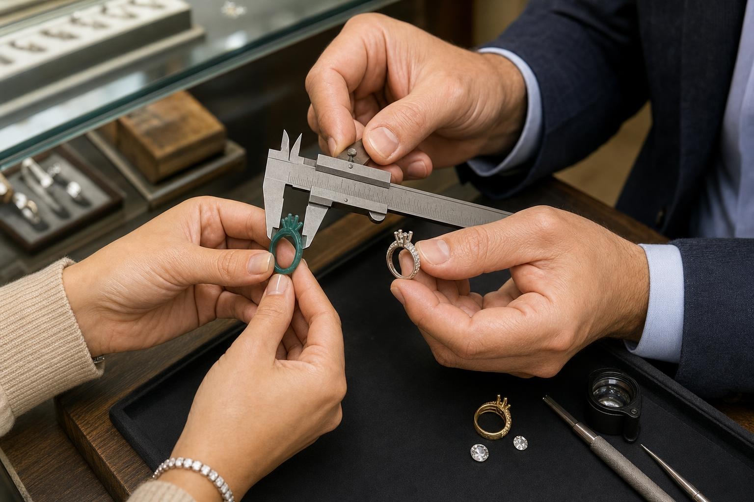 Buyer and jewelry designer checking the dimensions of a wax ring model with calipers