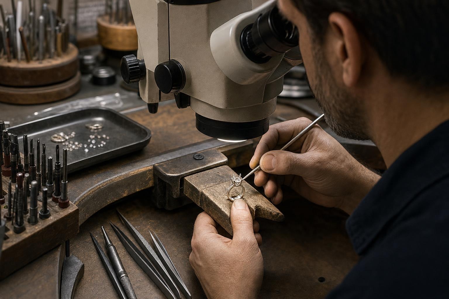 Bench jeweler setting a small diamond into an unfinished custom mounting