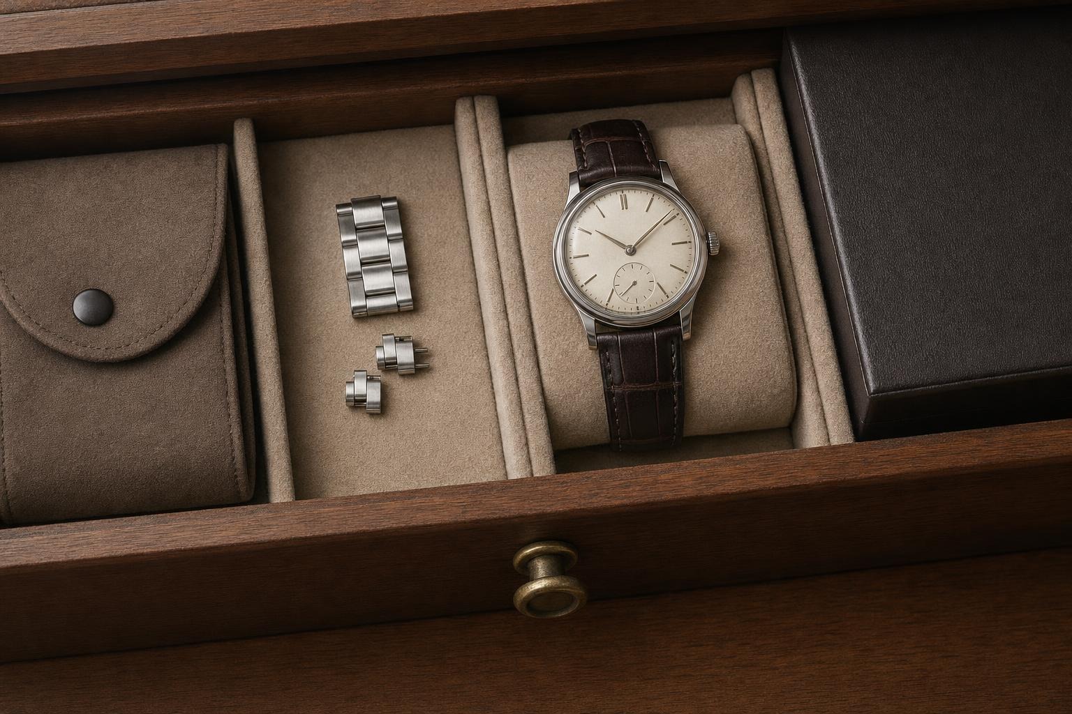 Heirloom wristwatch stored in a lined drawer with spare links and a soft pouch