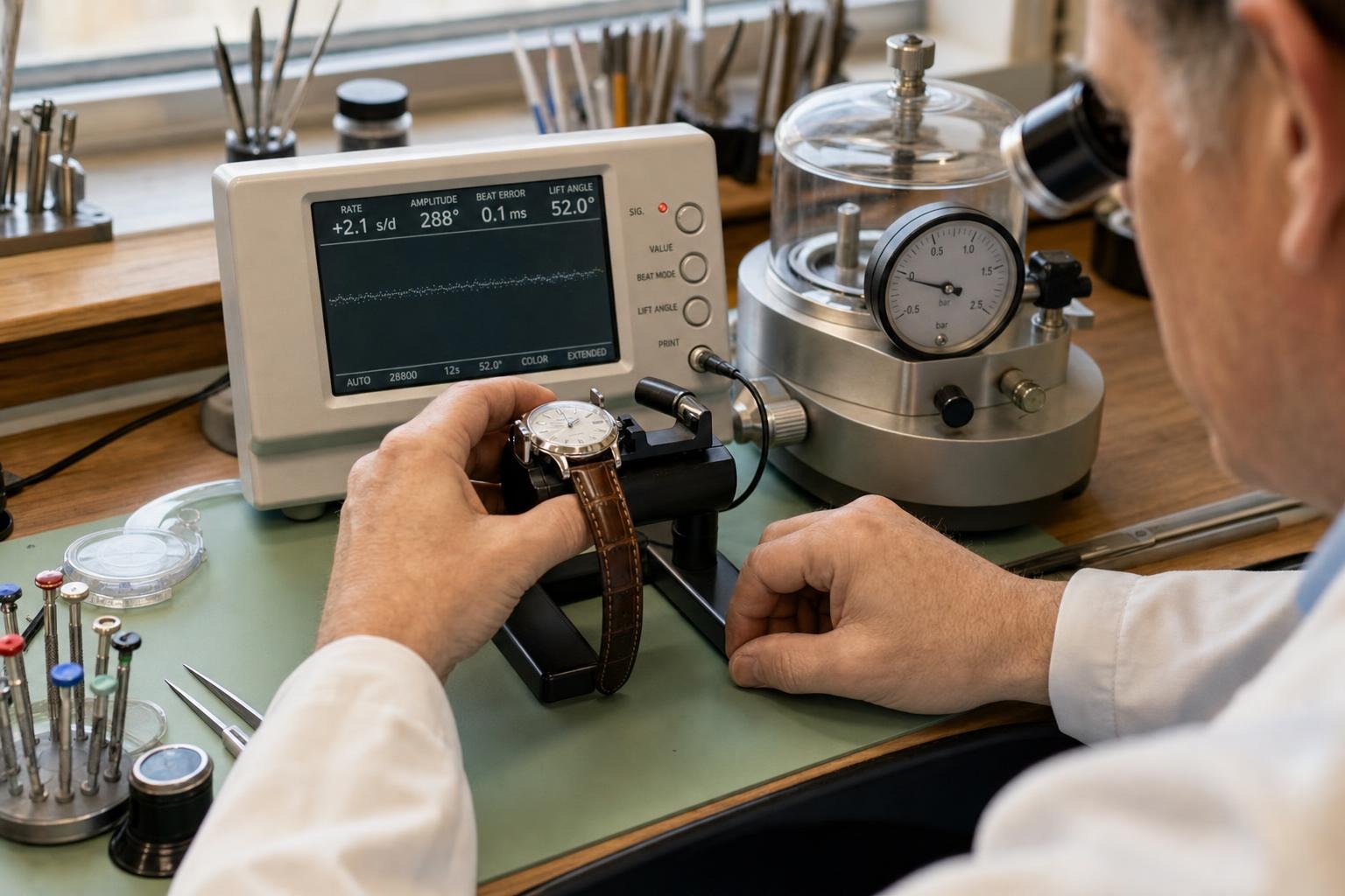 Watchmaker testing the performance of a mechanical wristwatch on timing equipment