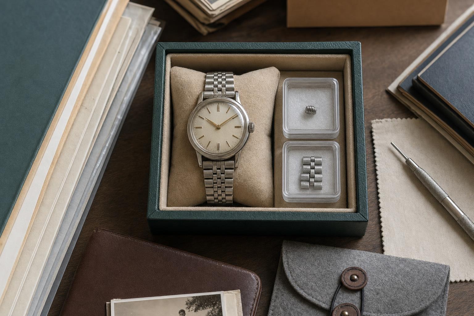 Heirloom watch stored with labeled component containers and an organized service archive