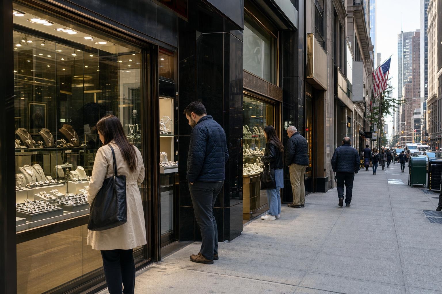 Shoppers walking past jewelry storefronts in Manhattan’s Diamond District