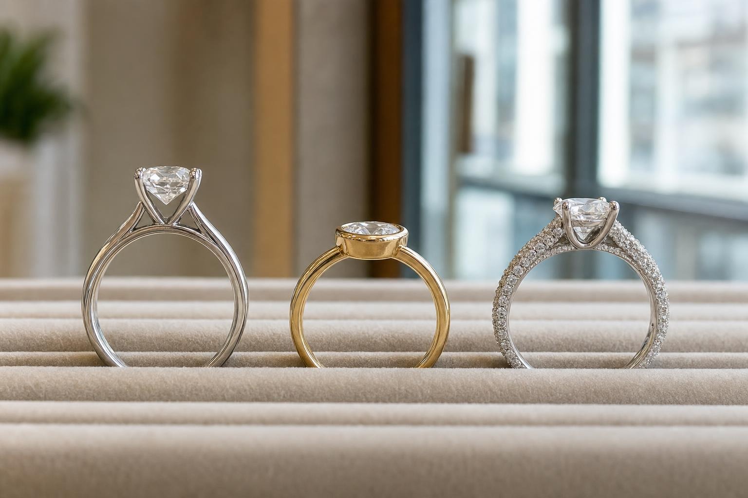 Side profiles of solitaire, bezel, and pavé engagement rings showing different stone heights