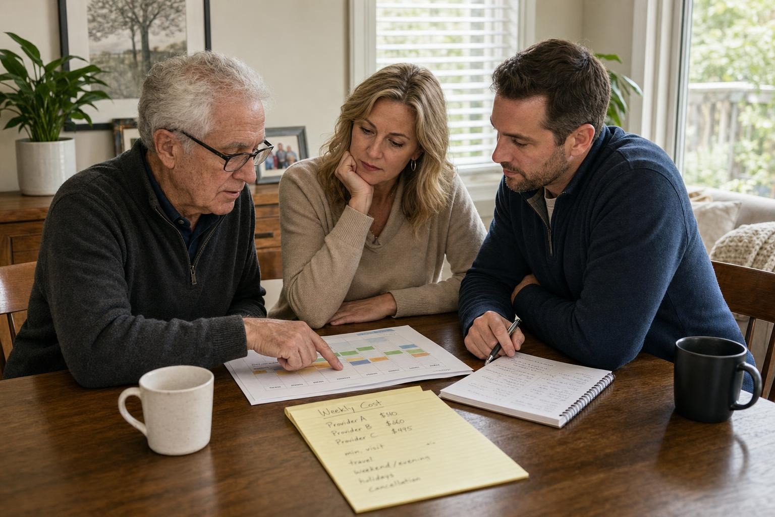 An older adult and two family members comparing printed weekly home-support schedules and handwritten cost notes at a Hamilton dining table