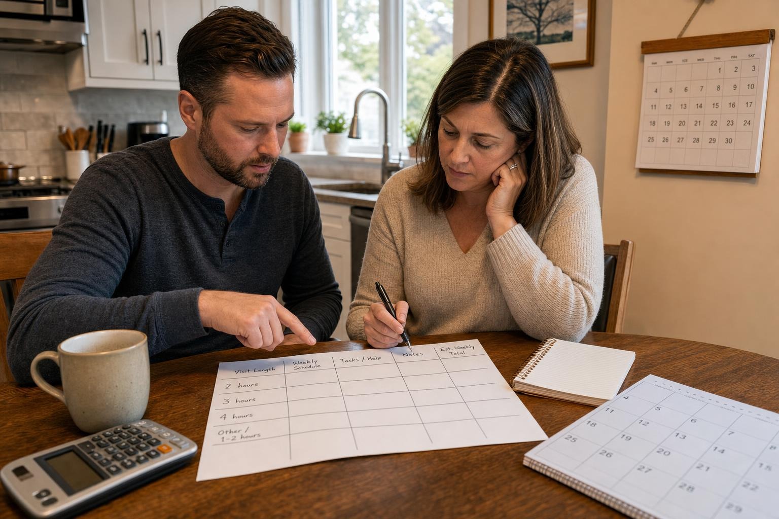 Adult siblings reviewing a paper comparison worksheet with visit lengths, weekly schedules, and cost categories at their parent’s kitchen table