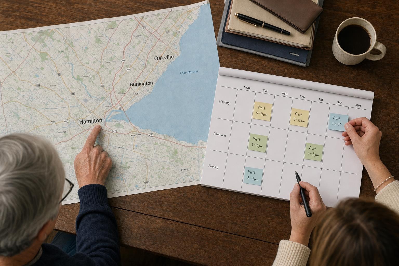Family members marking recurring home-support times on a regional paper map and weekly calendar