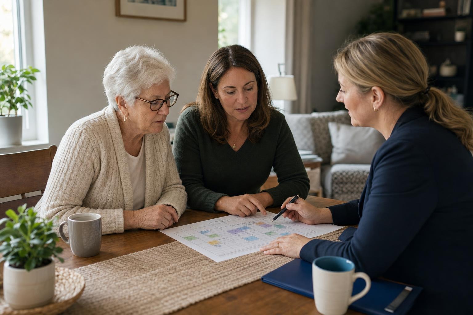 An older adult and two family members comparing printed weekly home-support schedules and handwritten cost notes at a Hamilton dining table