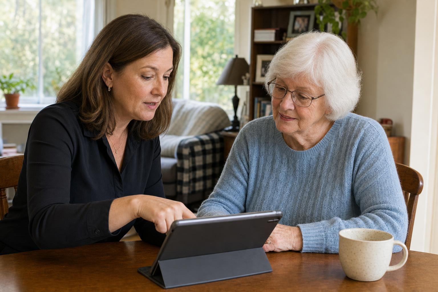 Two people completing a task connected to How a care concierge for arranging senior care helps families