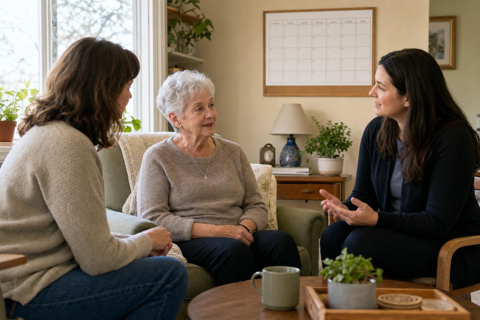 An older adult, a family member, and a care concierge discussing weekly routines together in the older adult’s living room