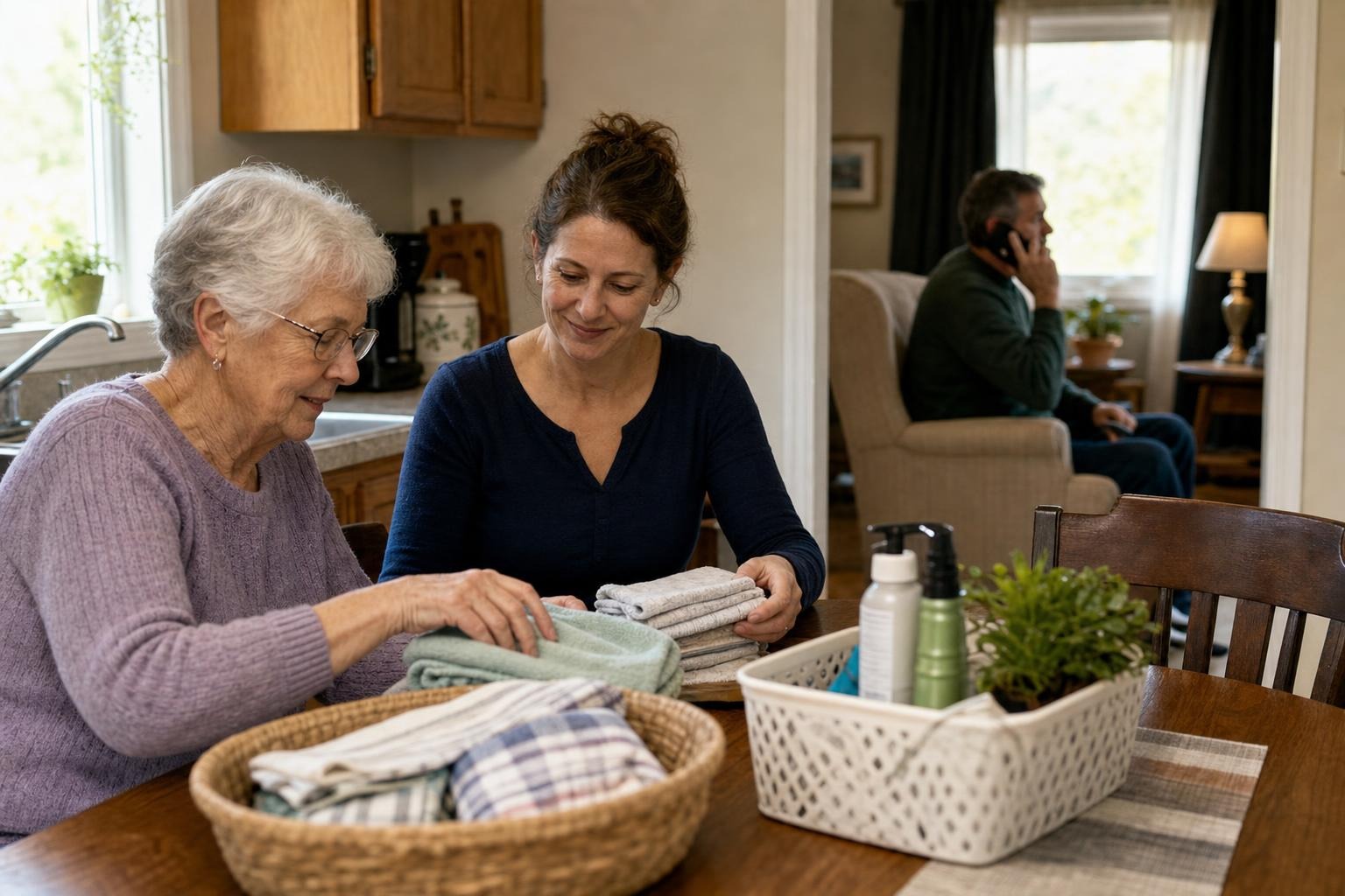 An older adult receiving practical support at home while a family member speaks separately with a health professional by phone
