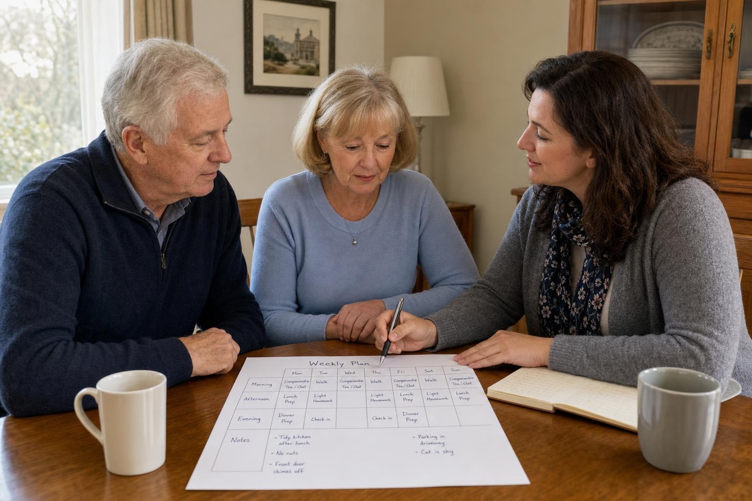 An older Hamilton resident and an adult family member reviewing a weekly home-support schedule together at a kitchen table
