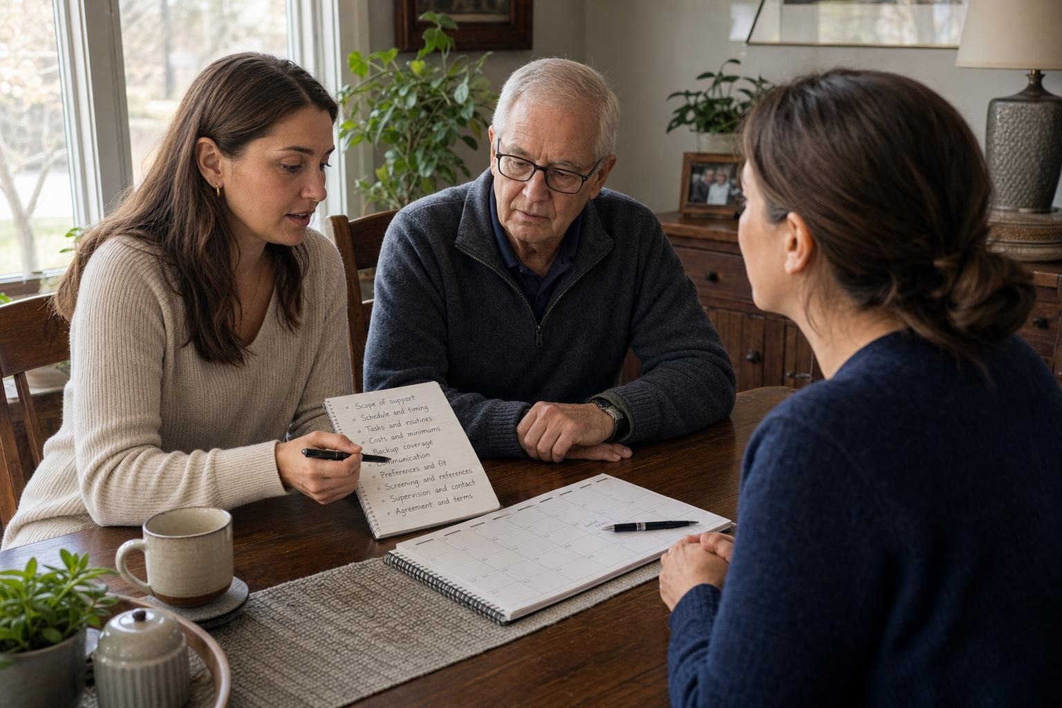 Adult daughter and older father comparing written questions about home-support scope, scheduling, costs, and backup coverage