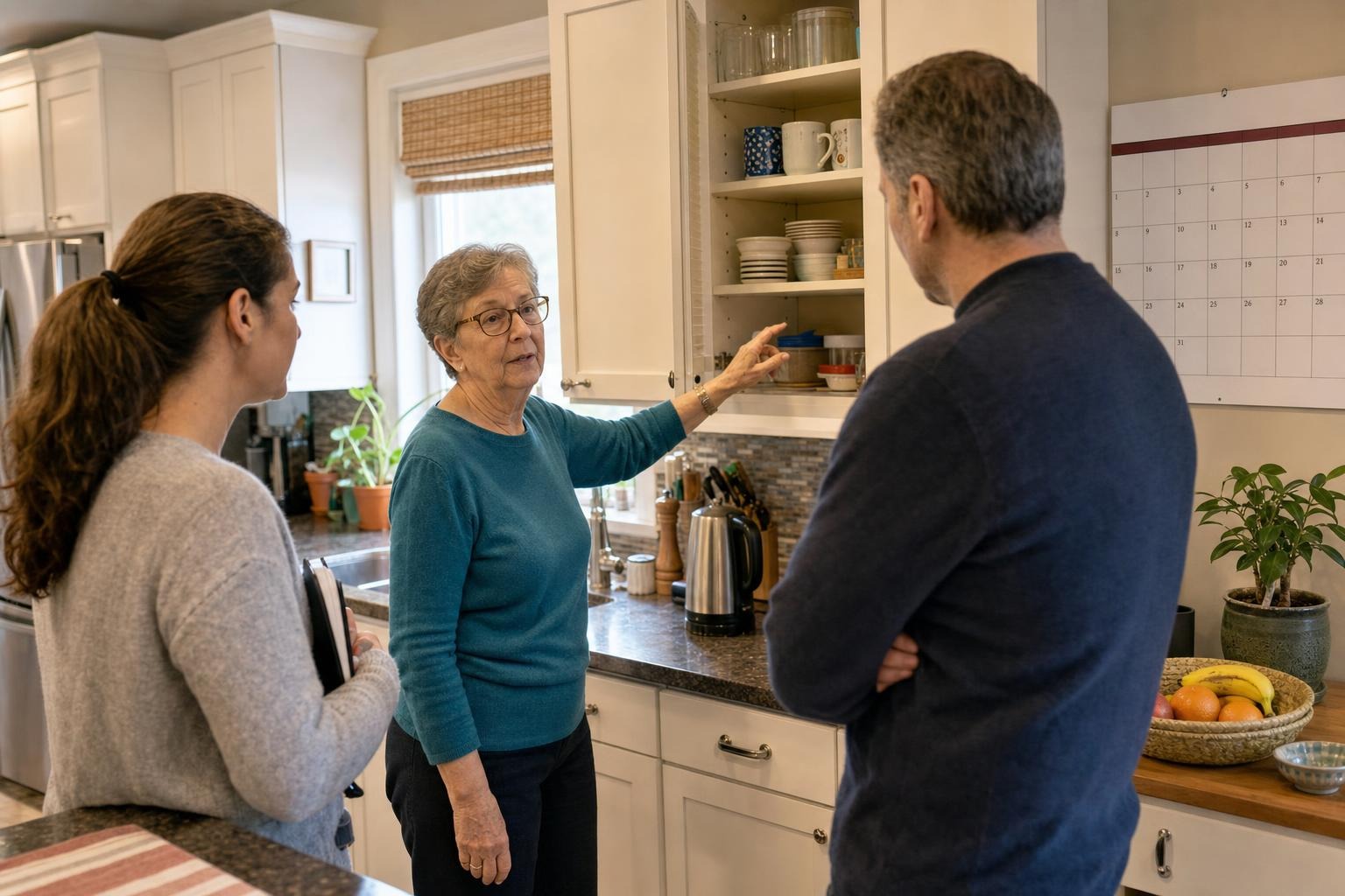 Older adult showing a home-support worker the kitchen routine while a family member observes nearby