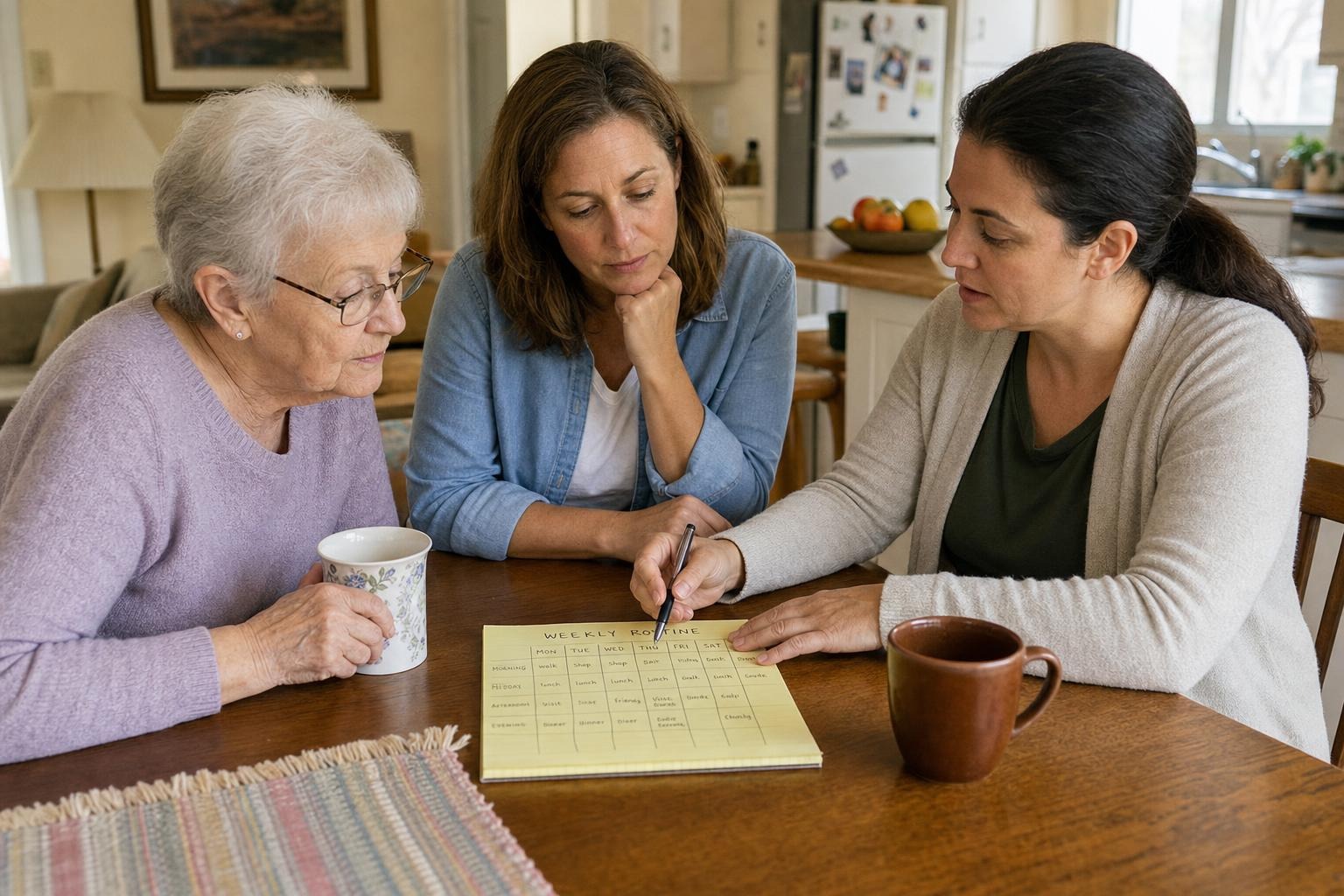 An older adult and her daughter mapping difficult parts of the daily routine with a care coordinator at home