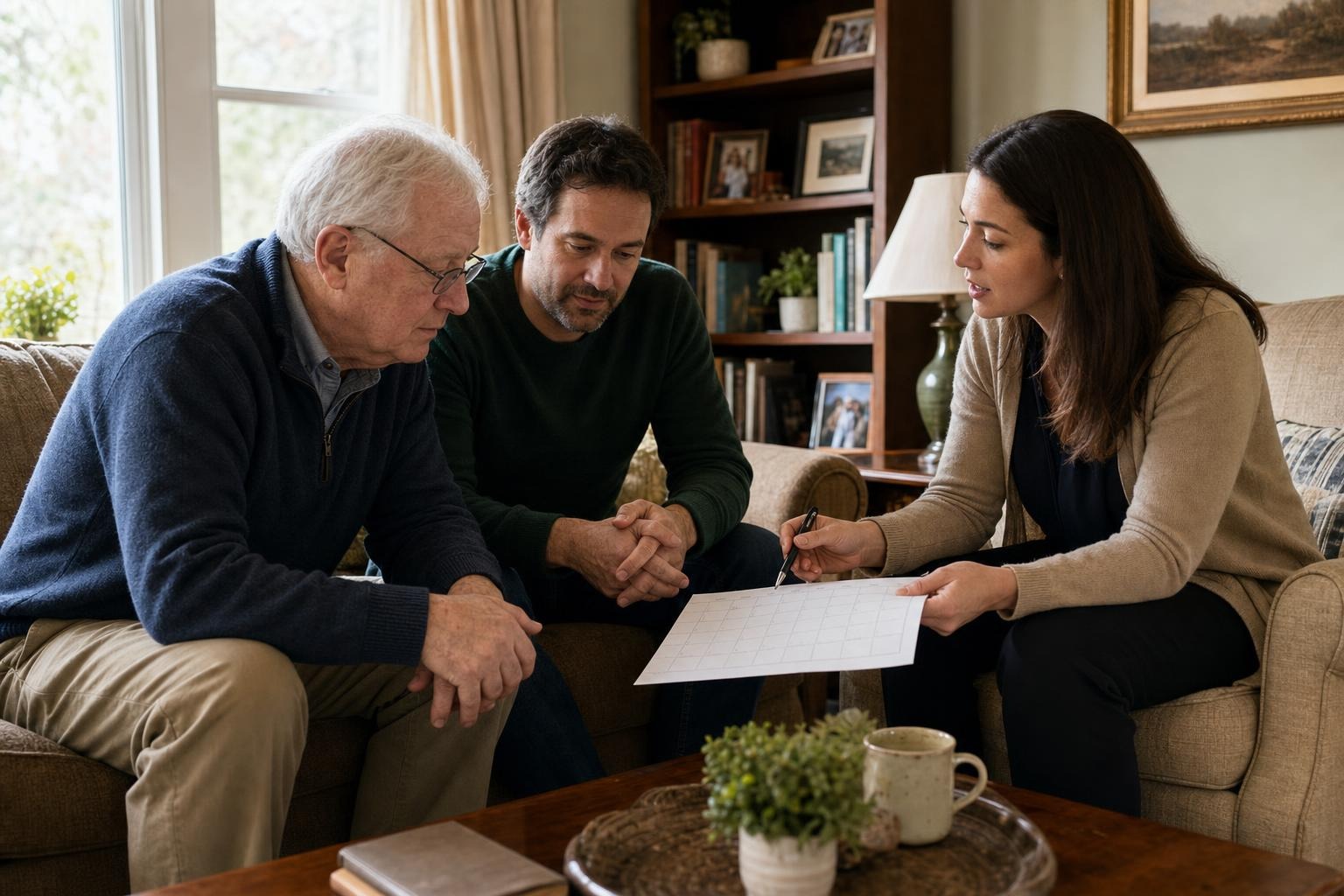 A family member and older adult speaking with a care coordinator about household routines in a living room