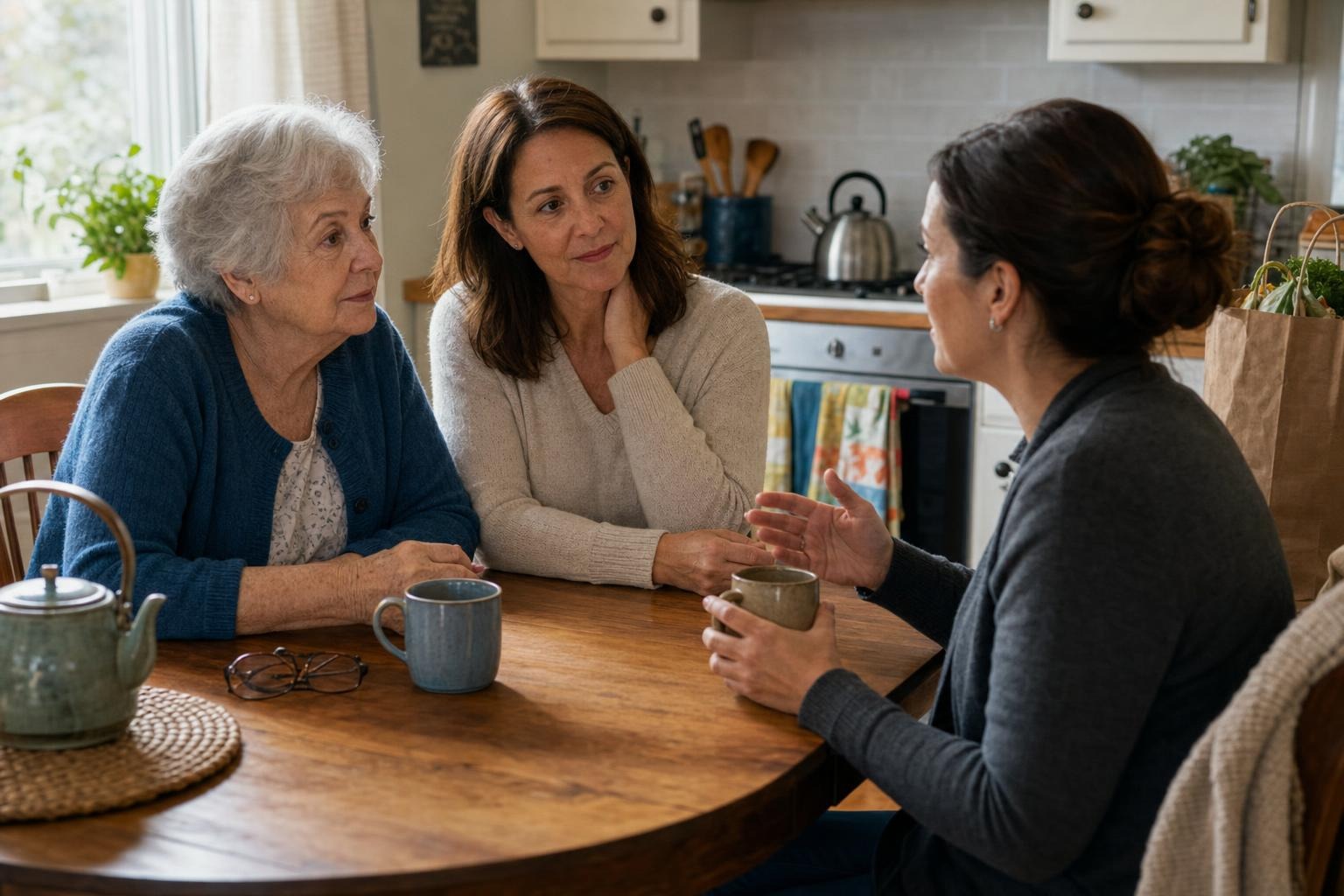An older adult and daughter discussing daily routines with a care coordinator in a St. Catharines kitchen