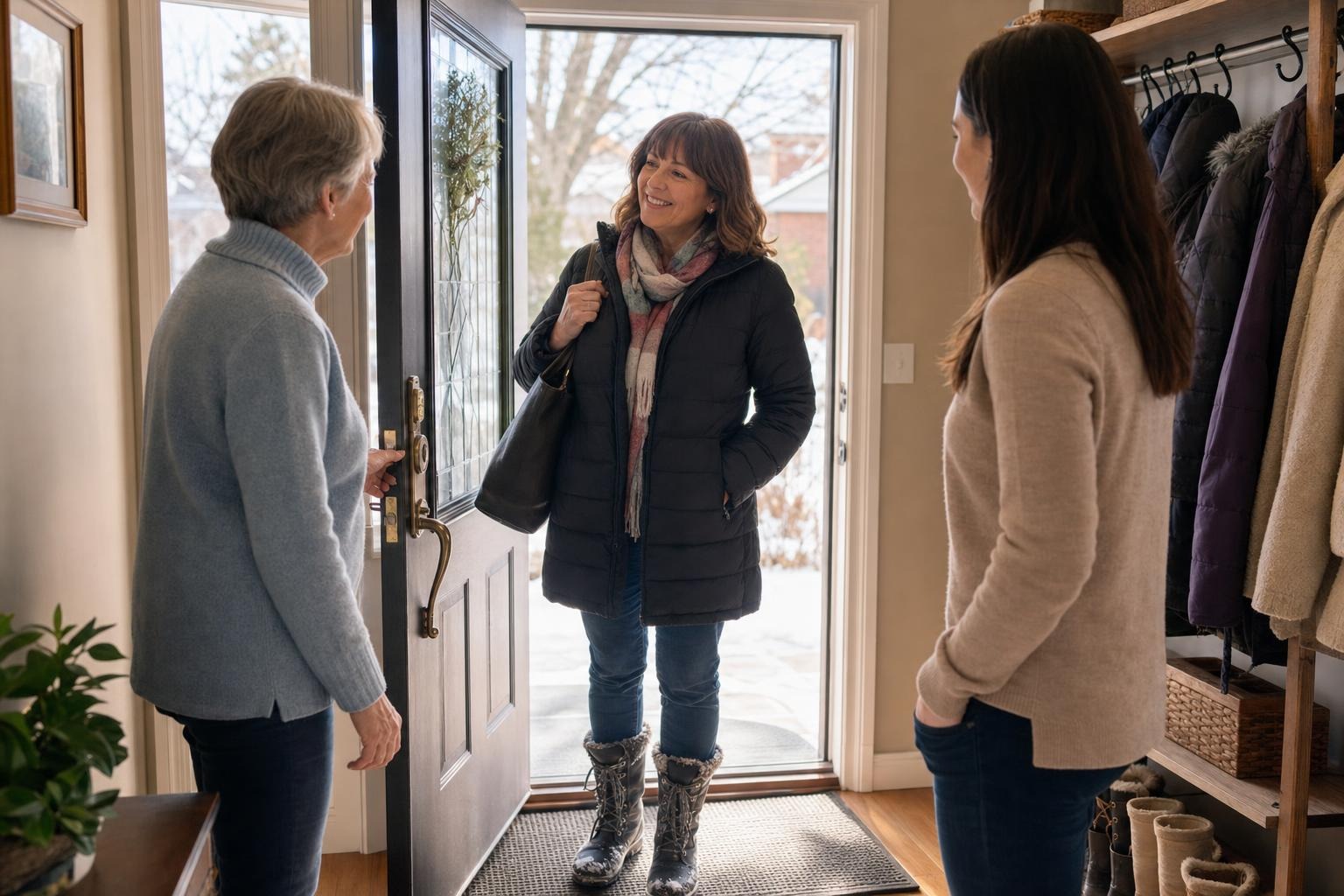An older homeowner welcoming a familiar support person at the front door while a family member looks on