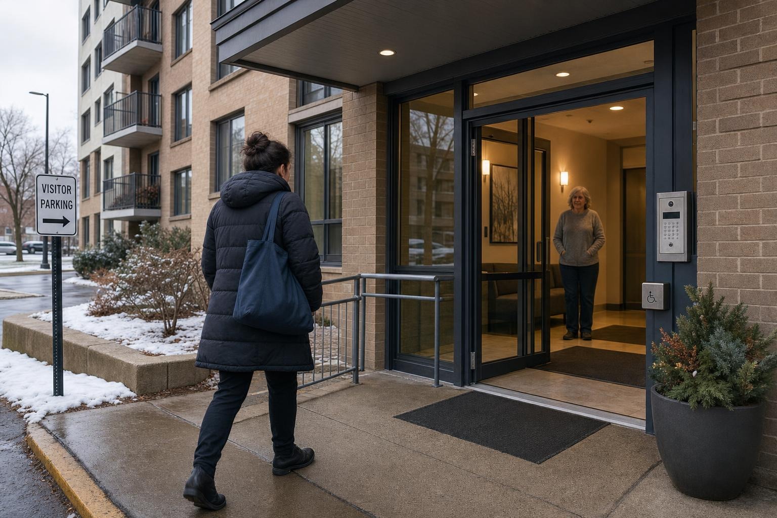 A support person arriving at the accessible entrance of a Hamilton apartment building while a family contact waits inside the lobby