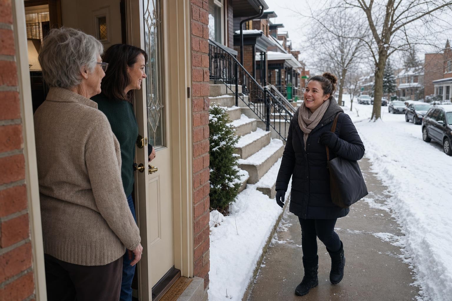 An older resident and adult daughter greeting a home-support person at the snow-cleared entrance of a Hamilton house with exterior steps