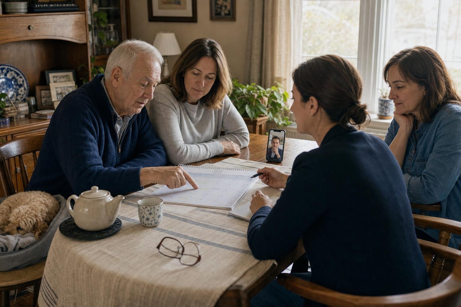 An older adult and two family members discussing home routines with a care coordinator in a lived-in dining room