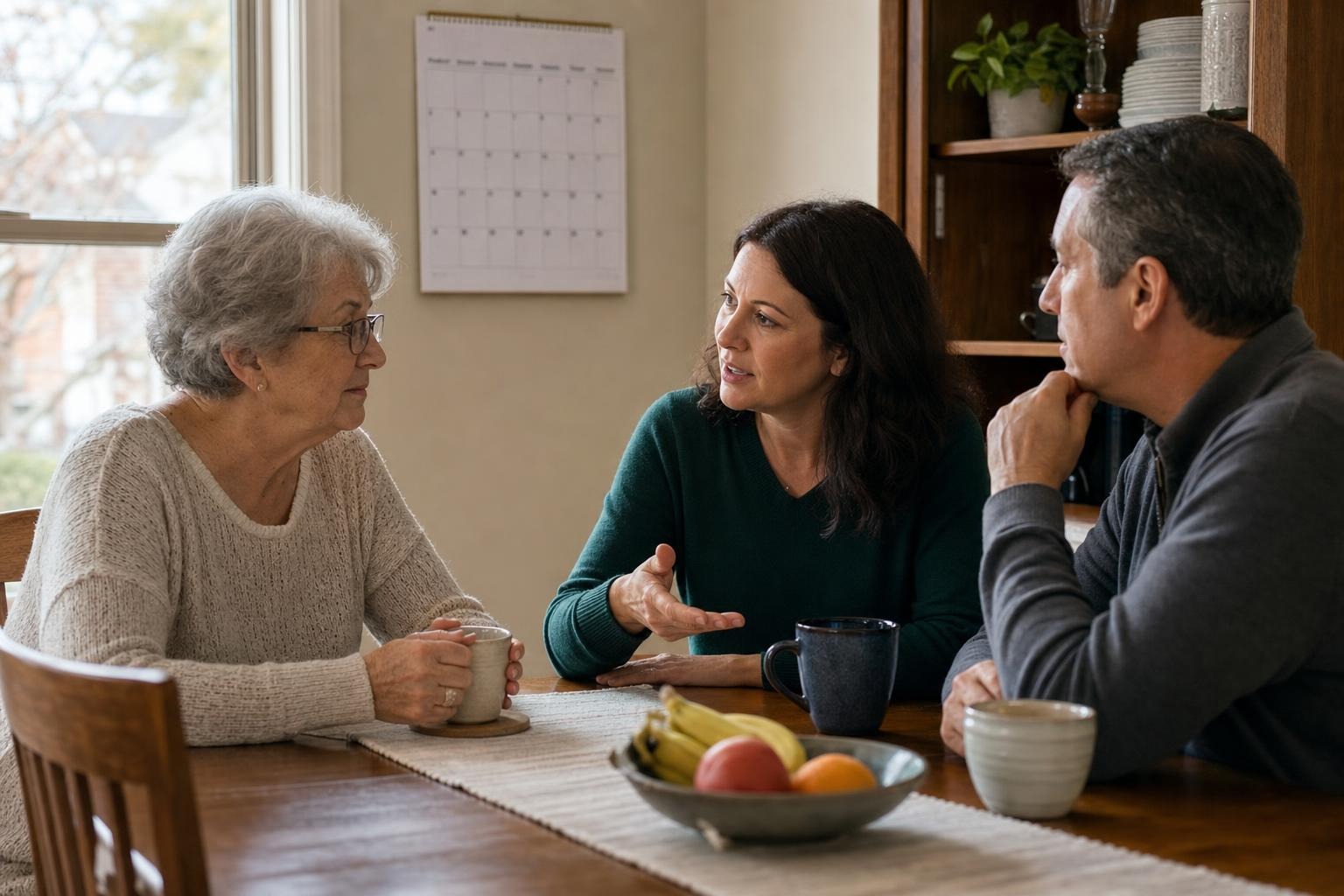 An older adult and two family members discussing weekly routines around a dining table with a plain household calendar nearby