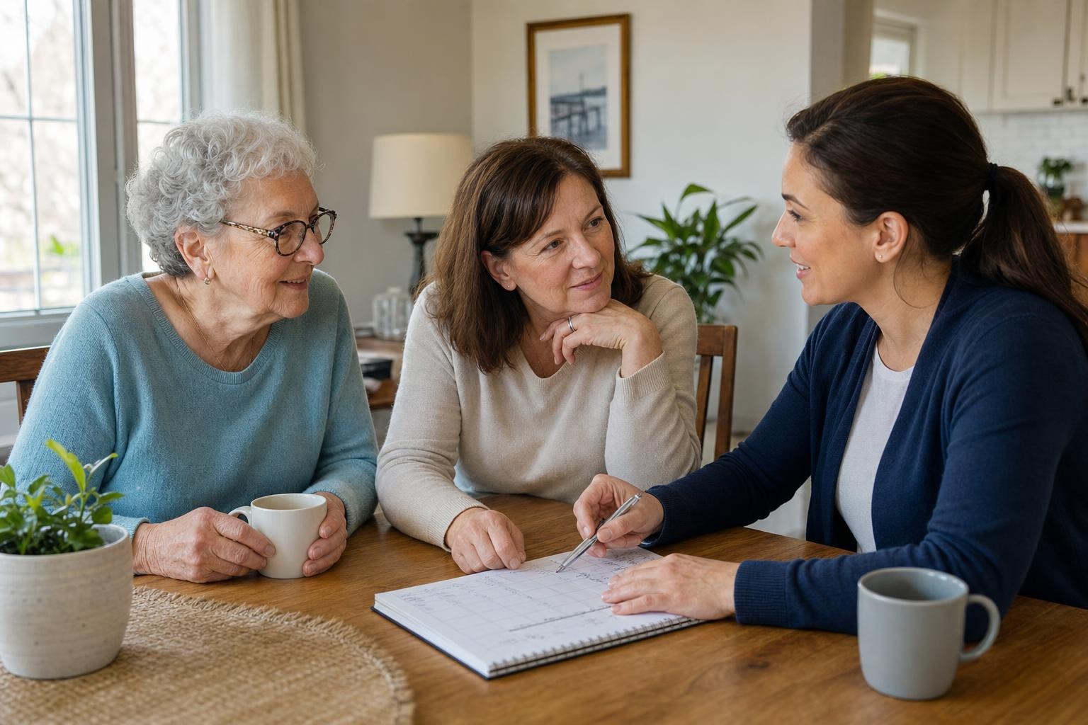 An older Burlington resident, her adult daughter, and a home-support coordinator discussing the resident’s daily routine together at a dining table